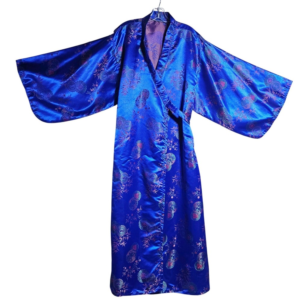 Blue Floral Brocade Satin Oriental Kimono Robe OS Boho Loungewear Chinoiserie